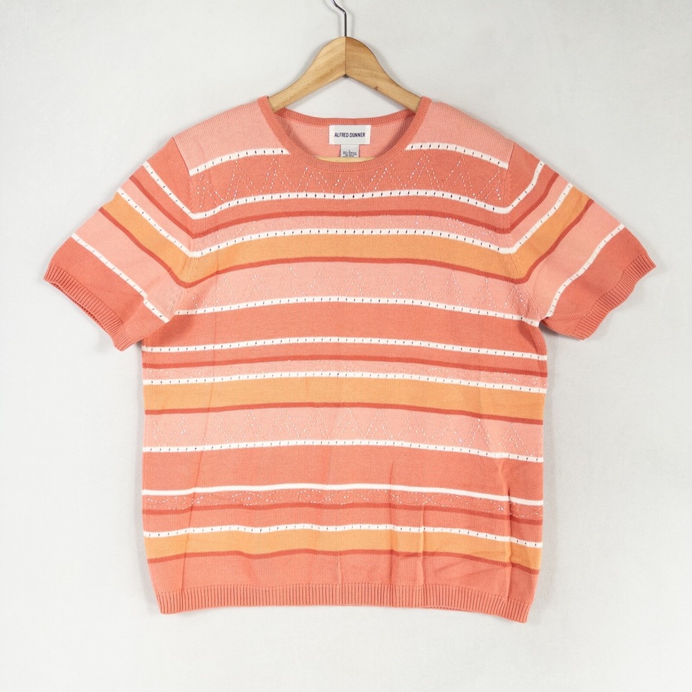 Alfred Dunner Sweater Womens Sz Large Orange Coral Stripe Beaded Lightweight